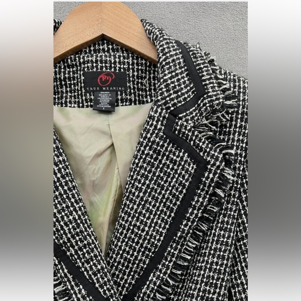 True Meaning Distressed Tweed Blazer Button Closure Black Trim Accents Size 8 - Picture 9 of 12
